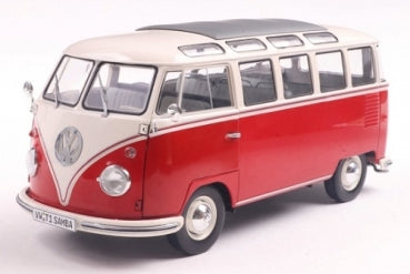 Red and white VW Samba diecast model van, 1:18 scale, with detailed windows and roof.