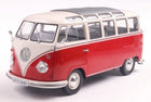 1:18 scale diecast model of red and white VW T1 Samba van with detailed windows and trim