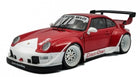 Red and white RWB Porsche 911 diecast model car with wide body kit and rear wing
