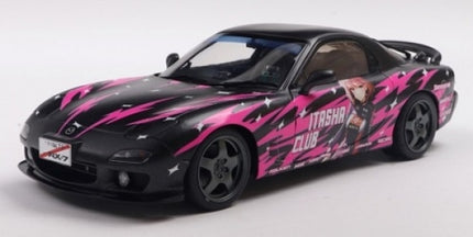 1:18 scale diecast Mazda RX-7 model car with pink and black anime itasha livery