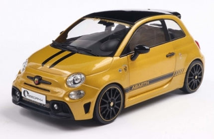 1:18 scale yellow diecast Abarth model car with black roof and sporty detailing