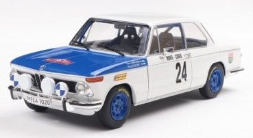 1:18 scale diecast BMW rally model car in white and blue with racing decals and number 24