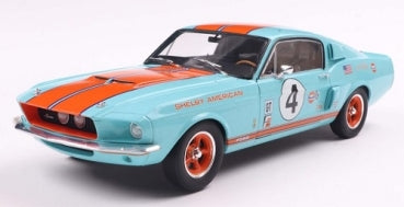 1:18 scale diecast model of classic blue and orange racing car with number 4 and vintage decals