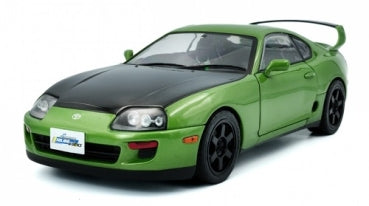 Green diecast model car Toyota Supra with black hood and rear spoiler, 1:18 scale