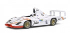 1:18 scale white race car diecast model with gold wheels and detailed sponsor decals