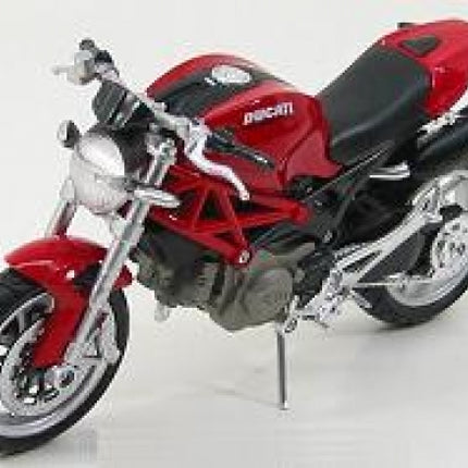 Red Ducati diecast model motorcycle, 1:18 scale, detailed with black seat and chrome accents