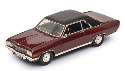 1:18 scale diecast model car, maroon body, black roof, vintage coupe design, white rims