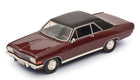 1:18 scale diecast model car, maroon body, black roof, vintage coupe design, white rims