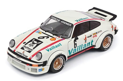 1:18 scale diecast Porsche Kremer model car, white with Vaillant racing livery and decals