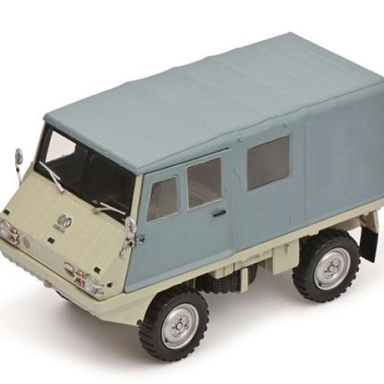 1:18 scale diecast model of a vintage off-road utility truck with blue and beige cab