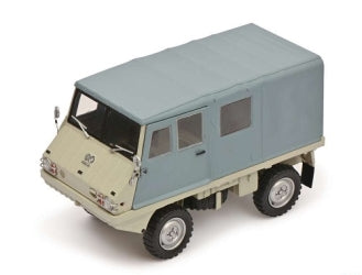 1:18 scale model of a vintage off-road truck with blue and beige body, detailed tires