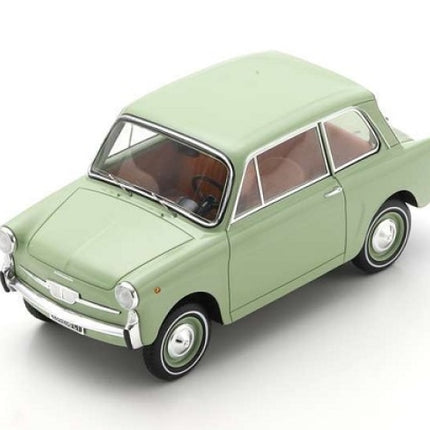 Light green vintage diecast model car 1:18 scale, classic compact design, detailed interior