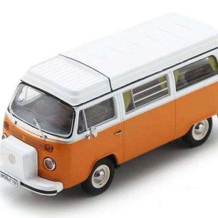 Orange and white diecast model van, 1:18 scale, classic design, side windows visible