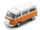 Orange and white diecast model van, 1:18 scale, classic design, side windows visible