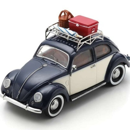 1:18 scale diecast classic Volkswagen Beetle model with roof rack and picnic accessories