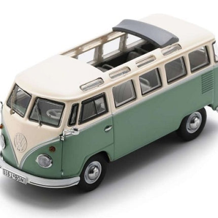 1:18 scale diecast model of classic green and white VW van with open sunroof on white background
