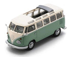 1:18 scale diecast model of classic green and white VW van with open sunroof on white background
