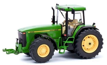 1:18 scale green diecast model tractor with yellow wheels, detailed cabin and realistic features