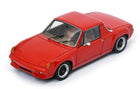 Red diecast model car in 1:18 scale, classic coupe with black wheels, white background