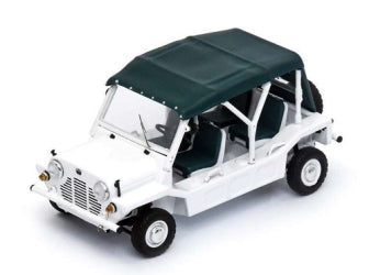 White diecast model car with green roof, open sides, and detailed classic design