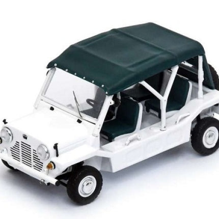 1:18 scale white classic Mini Moke diecast model car with dark green soft top and detailed interior