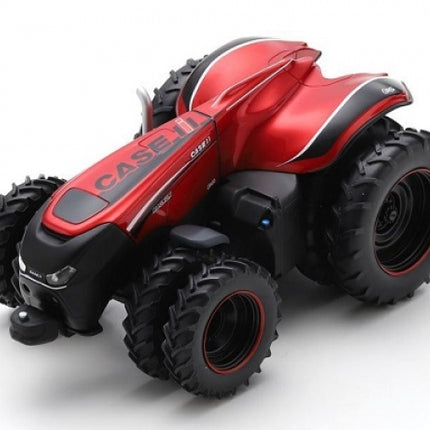 Red diecast model of futuristic Case IH autonomous tractor with large black tires, 1:18 scale