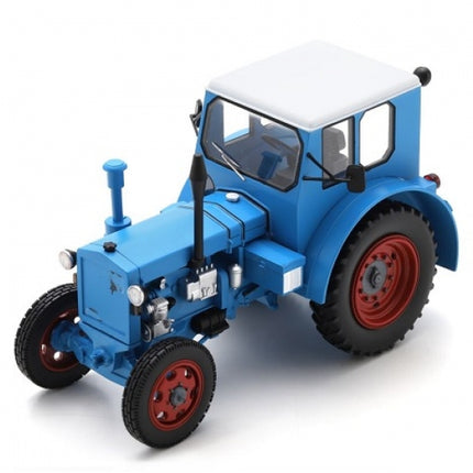 1:18 scale blue diecast model tractor with red wheels and detailed cab
