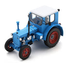 1:18 scale blue diecast model tractor with red wheels and detailed cab