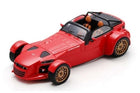 Red diecast model sports car in 1:18 scale with gold wheels and tan interior.