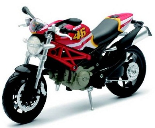Diecast Ducati motorcycle model red and black with yellow 46 racing number, side view