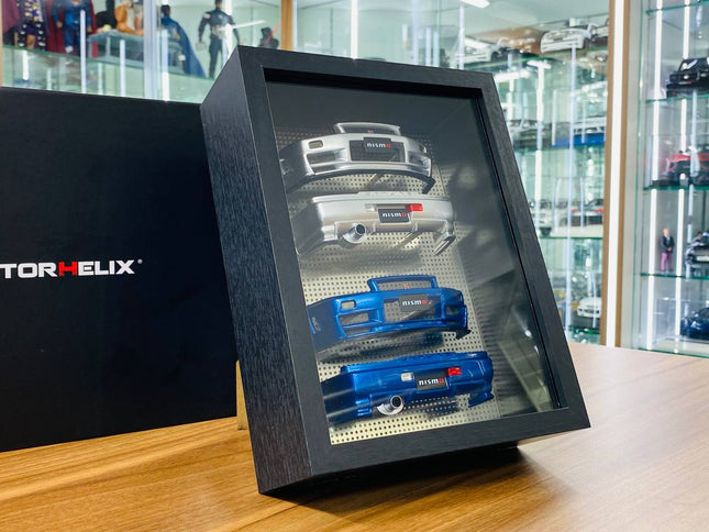 Motor Helix 1/18 Skyline R34 Bumper Photo Frame Display Z-tune Silver - studio product photo of the scale model