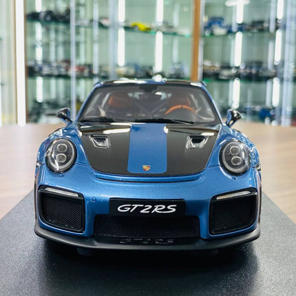 Porsche 911 GT2 RS 1/18 Blue Resin Diecast Model Car Limited Edition | GT Spirit - studio product photo of the scale model