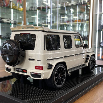 Collectible Pearl white Mercedes-Benz G63 Brabus 800 1:18 resin model SUV by MotorHelix, museum-grade detail