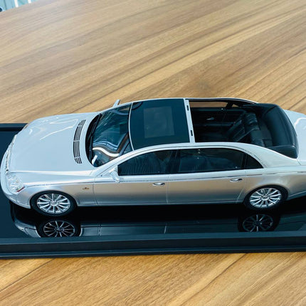 Sterling silver Mercedes-Benz Maybach 62S Landaulet luxury car, 1:18 scale resin model by MotorHelix, fine die-cast style rep