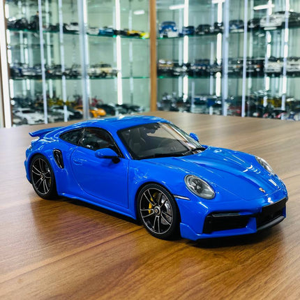 Minichamps Porsche 911 Turbo S Coupe Sport Design 2021 1/18 Diecast Model Car Blue - detailed collector display model