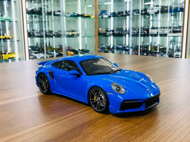 Minichamps Porsche 911 Turbo S Coupe Sport Design 2021 1/18 Diecast Model Car Blue - detailed collector display model
