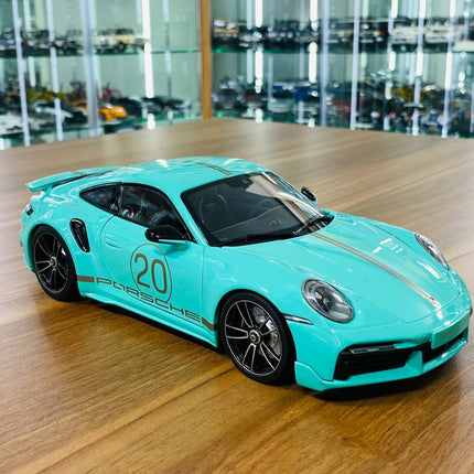 Minichamps Porsche 911 Turbo S Coupe Sport Design 2021 1/18 Diecast Green - detailed collector display model