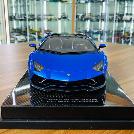 MR Collection Lamborghini Aventador Ultimae Roadster 1/18 Blue Resin Model - studio product photo of the scale model