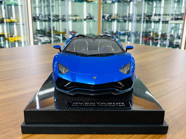 MR Collection Lamborghini Aventador Ultimae Roadster 1/18 Blue Resin Model - studio product photo of the scale model