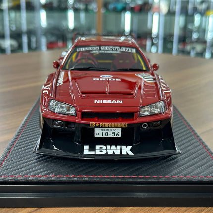 Ignition Model 1:18 Nissan Skyline R34 Super LB-Silhouette #5 Red/Black Resin - studio product photo of the scale model
