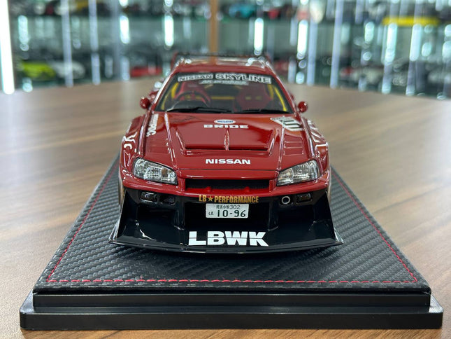 Ignition Model 1:18 Nissan Skyline R34 Super LB-Silhouette #5 Red/Black Resin - studio product photo of the scale model