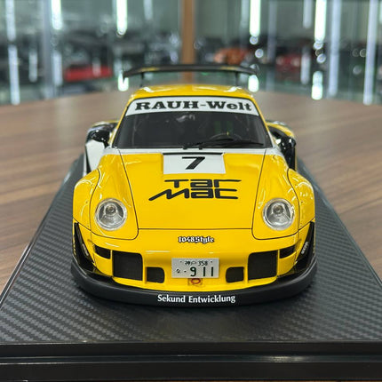 Ignition Model Porsche 993 RWB Tarmac 1048 Style #7 1:18 Resin Yellow/Black - studio product photo of the scale model