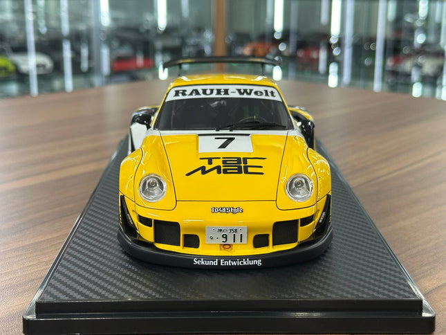 Ignition Model Porsche 993 RWB Tarmac 1048 Style #7 1:18 Resin Yellow/Black - studio product photo of the scale model
