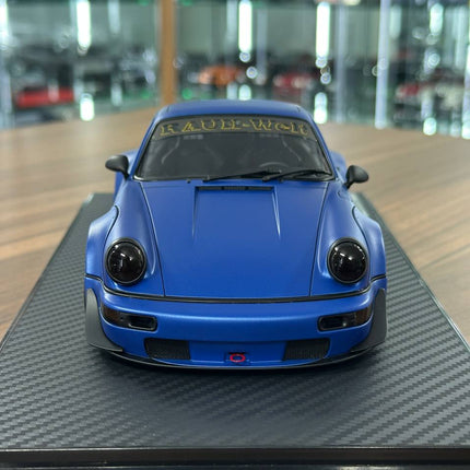 Ignition Model 1:18 Porsche 964 RWB Diecast Resin Model Matte Blue Limited Edition - studio product photo of the scale model