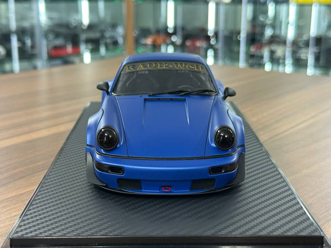 Ignition Model 1:18 Porsche 964 RWB Diecast Resin Model Matte Blue Limited Edition - studio product photo of the scale model