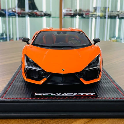 MR Collection Lamborghini Revuelto 1/18 Arancio Apodis Orange Resin Model - studio product photo of the scale model