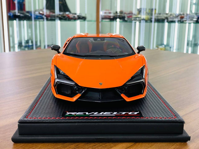 MR Collection Lamborghini Revuelto 1/18 Arancio Apodis Orange Resin Model - studio product photo of the scale model
