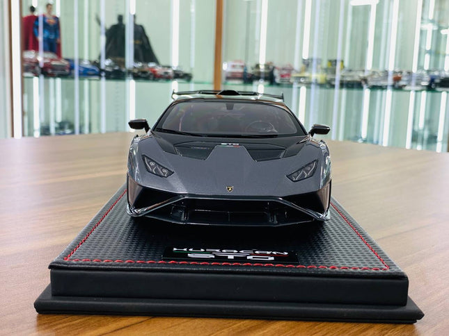MR Collection Lamborghini Huracan STO 1/18 Resin Model Grigio Telesto - studio product photo of the scale model