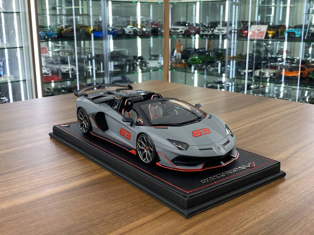 MR Collection 1/18 Lamborghini Aventador Roadster SVJ #63 Grigio Acheso / Red Resin Model - detailed collector display model