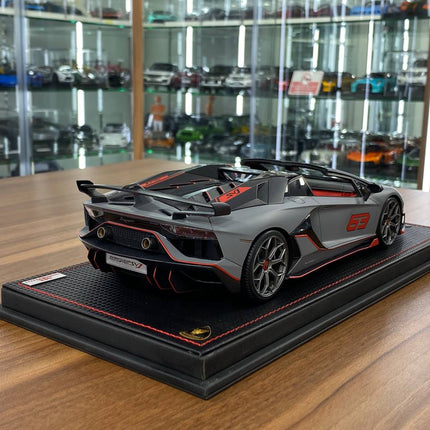 MR Collection 1/18 Lamborghini Aventador Roadster SVJ #63 Grigio Acheso / Red Resin Model - fine detailed model replica